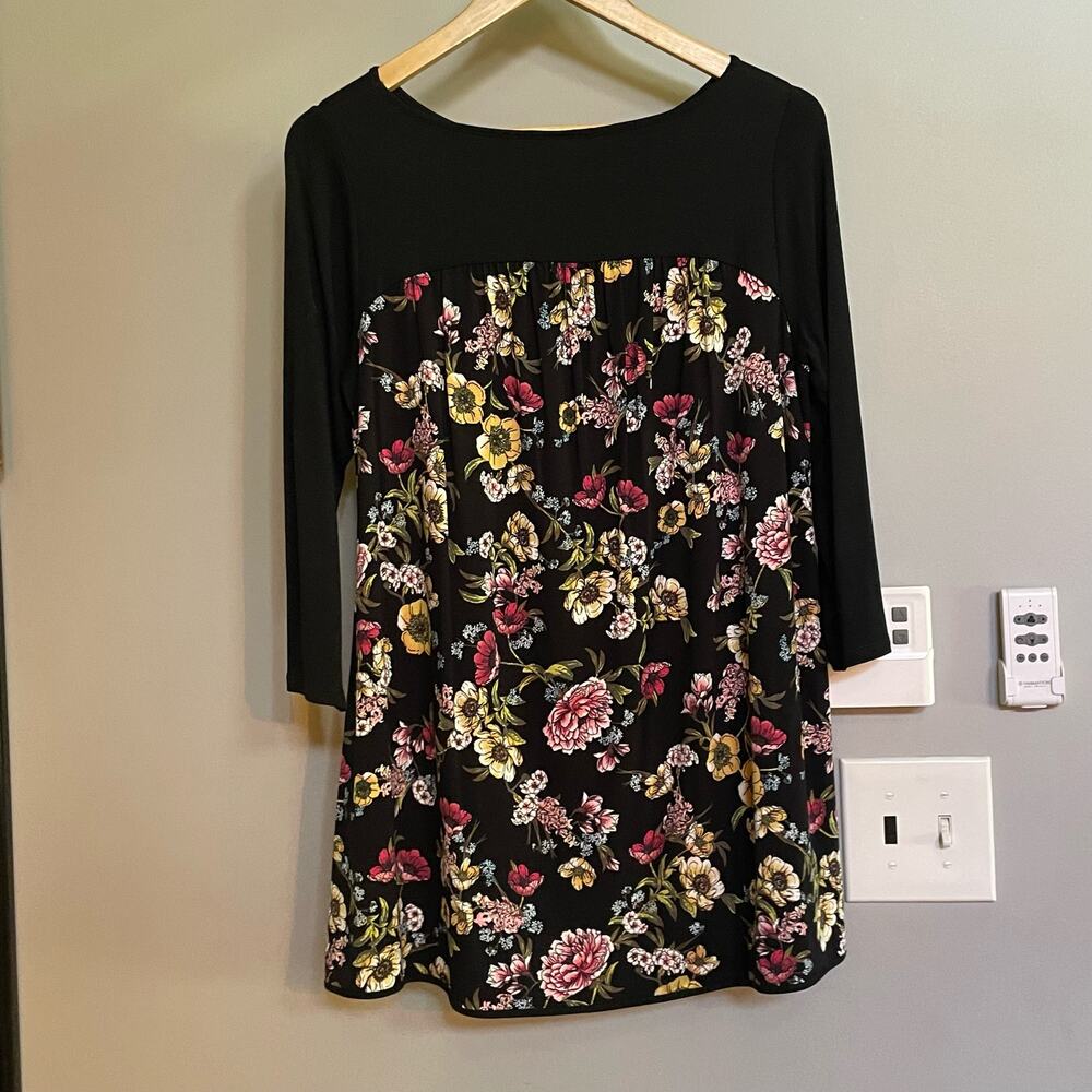 J Jill Top Wearwear Collection Black Floral 3/4 Sleeve Stretch Sz S Tunic